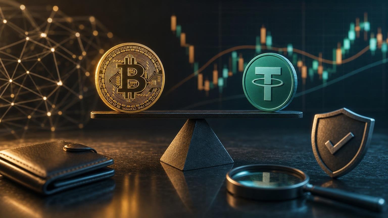 BTC price chart beside a BTC-to-USDT exchange form showing how quote timing, slippage, and network checks affect the final amount